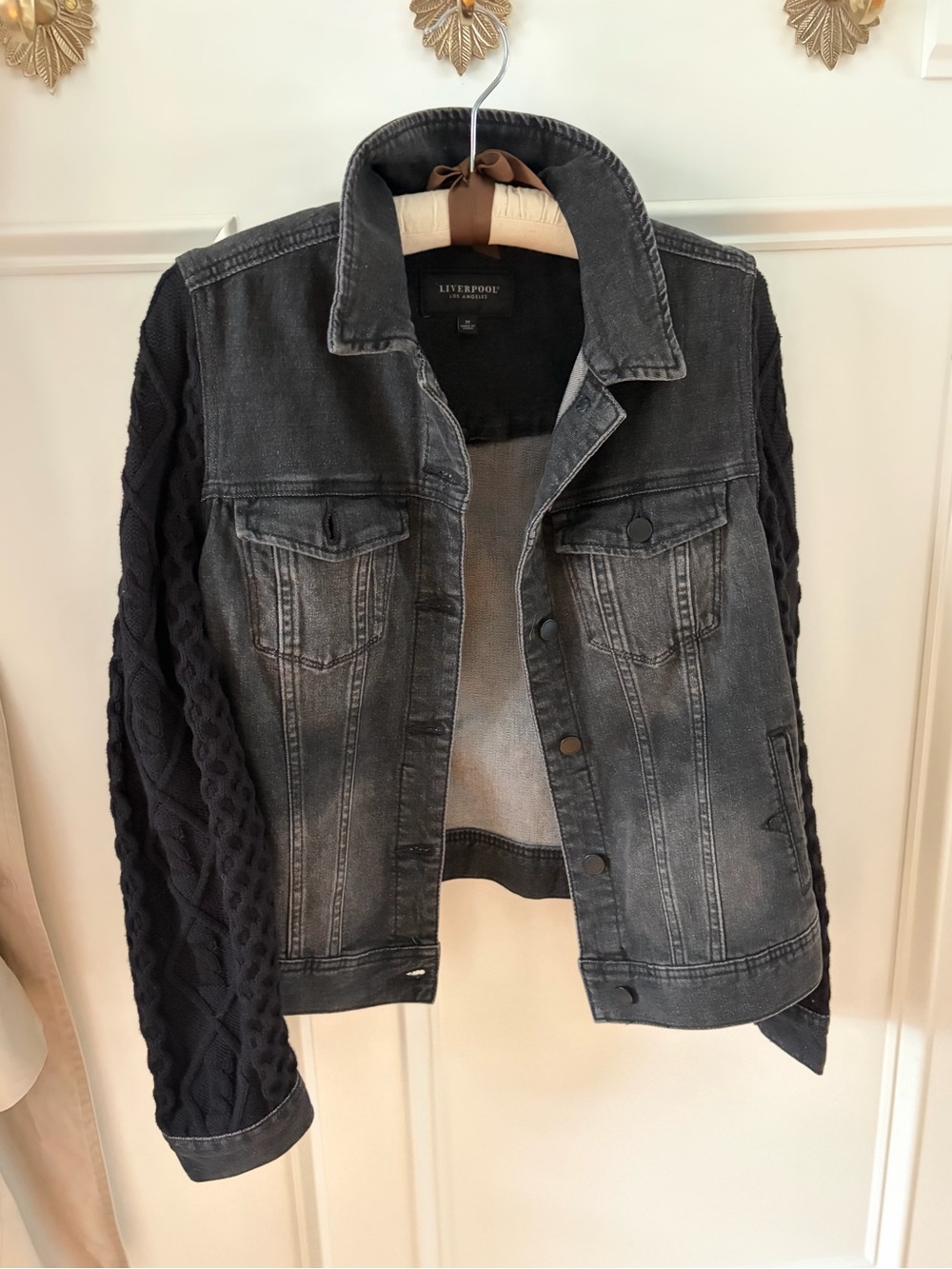 Liverpool Black Washed Denim Jacket with Knit Sleeves
